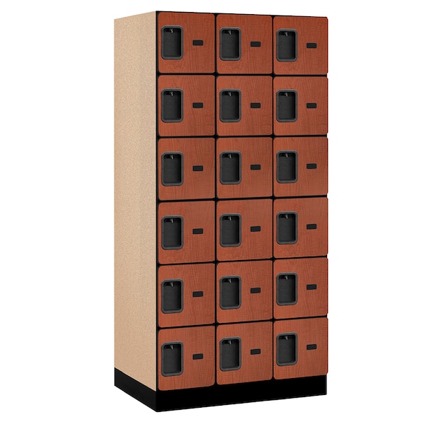 Box Locker, 36" W, 21" D, 76" H, (3) Wide, (18) Openings, Cherry